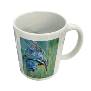 UV DTF printed mug with reproduction of Kingfisher painting by David Thomas Art